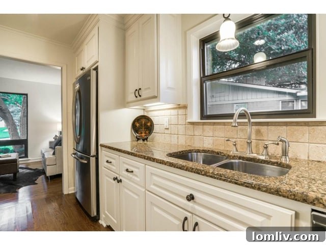 A closer look at the kitchen's details, including the tumbled stone backsplash.