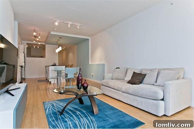 Living room with custom shades and energy-saving tinted windows