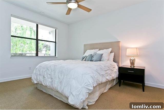 Luxurious master bedroom with ceiling fan and ample natural light