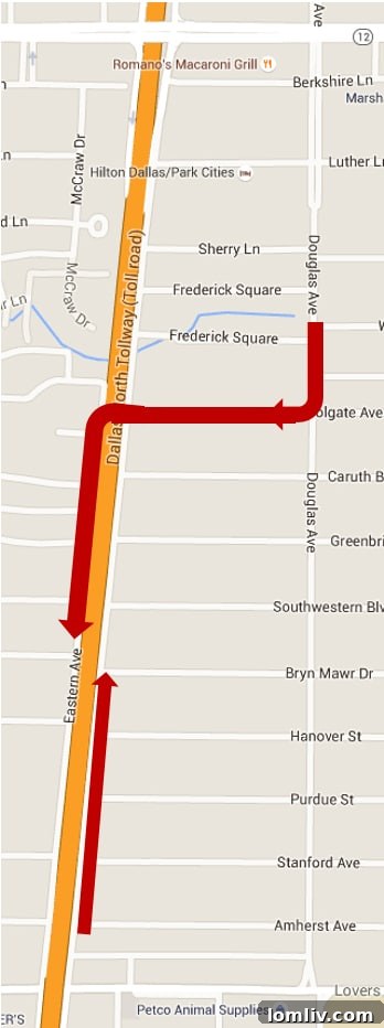 Why Wait? Preston Center's Traffic Plan Is Here 6 Diagram showing proposed direct route for southbound Tollway access via Colgate and Eastern Avenues.