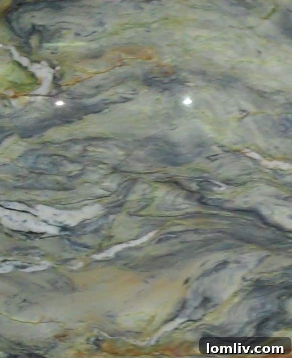 A vibrant slab of natural quartzite with intricate veining, showcasing its unique patterns and colors, which can sometimes appear almost painted due to their intensity.