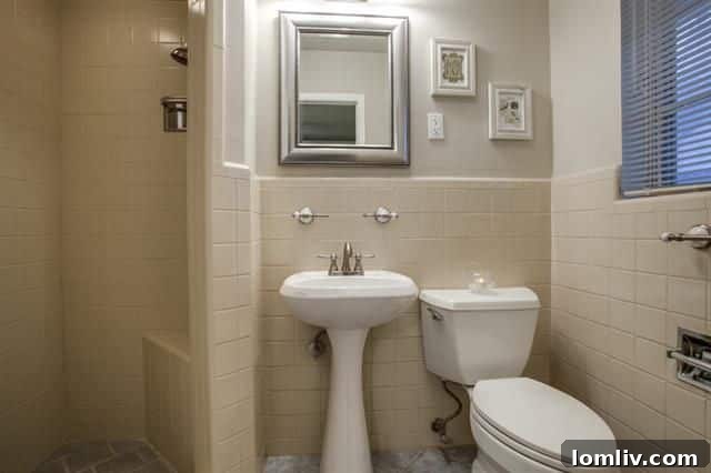 Detailed view of the master bathroom vanity and built-in storage