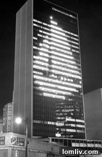 LTV Tower illuminated at night in 1966, a defining feature of the Dallas skyline.
