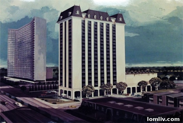 1973 Proposed Tower on Tract 3 with Royal Orleans and Diplomat in the foreground and a much flatter rendition of the already-built Preston Tower. Courtesy of Thomas E. Stanley Architects, Dallas