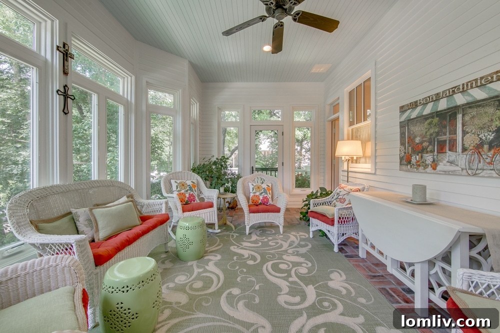 Inviting Sunroom with Exposed Brick Floor