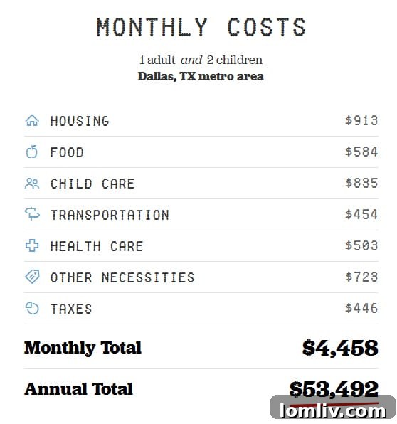 Dallas Budget Breakdown for 1 Adult and 2 Children