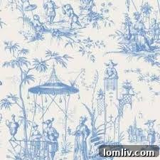Chinoiserie Toile fabric in Blue, perfect for custom kitchen cabinets.