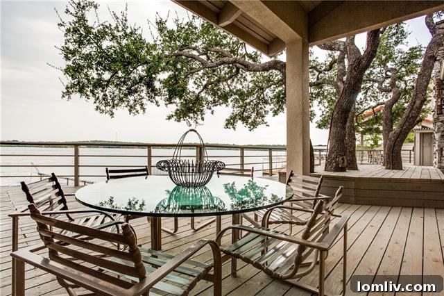 Outdoor dining tables perfect for al fresco meals and entertaining overlooking the lake