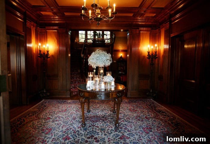 Elegant foyer of Aldredge House, showcasing intricate architectural details and welcoming atmosphere