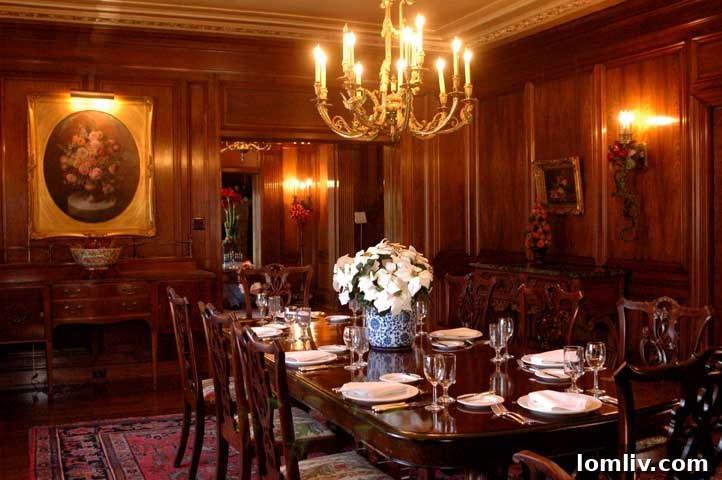 Elegant dining room interior of Aldredge House, highlighting historical decor and period furnishings