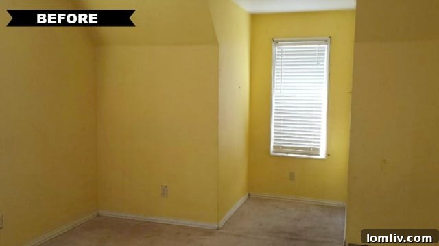 Interior bedroom before renovation, showing dated wall color and window treatments.