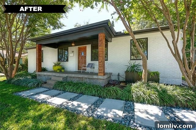 Summer Riggins' Divine Design Debut: A Top-to-Bottom Triumph 4 After image of the exterior of 561 Classen Drive, showcasing the dramatic Midcentury Modern transformation with new landscaping and architectural details.