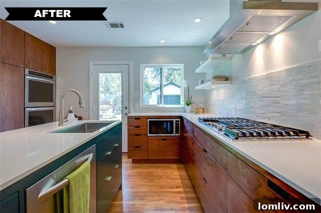 Summer Riggins' Divine Design Debut: A Top-to-Bottom Triumph 9 Stunning after image of the kitchen at 561 Classen Drive, featuring an open layout, marble backsplash, and modern appliances.
