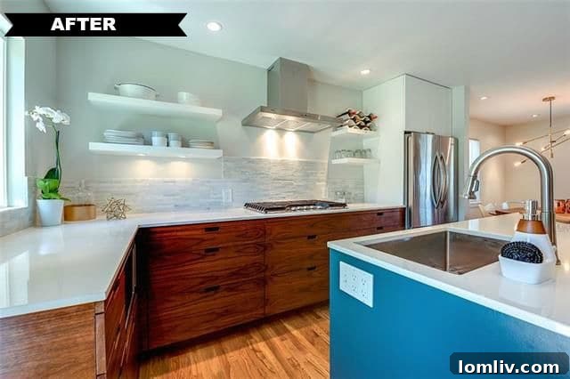 Summer Riggins' Divine Design Debut: A Top-to-Bottom Triumph 10 Another view of the renovated kitchen, highlighting the spacious island and elegant quartz countertops.