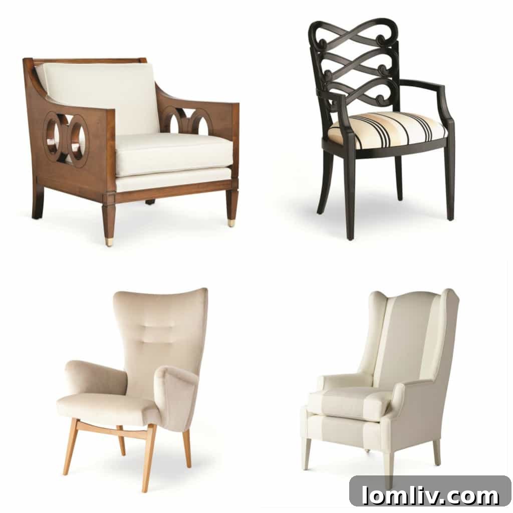 Selection of chairs from the Jan Showers Collection: Bradshaw, Loop Host and Hostess Dining, Milan Wing, and Waverly Wing chairs