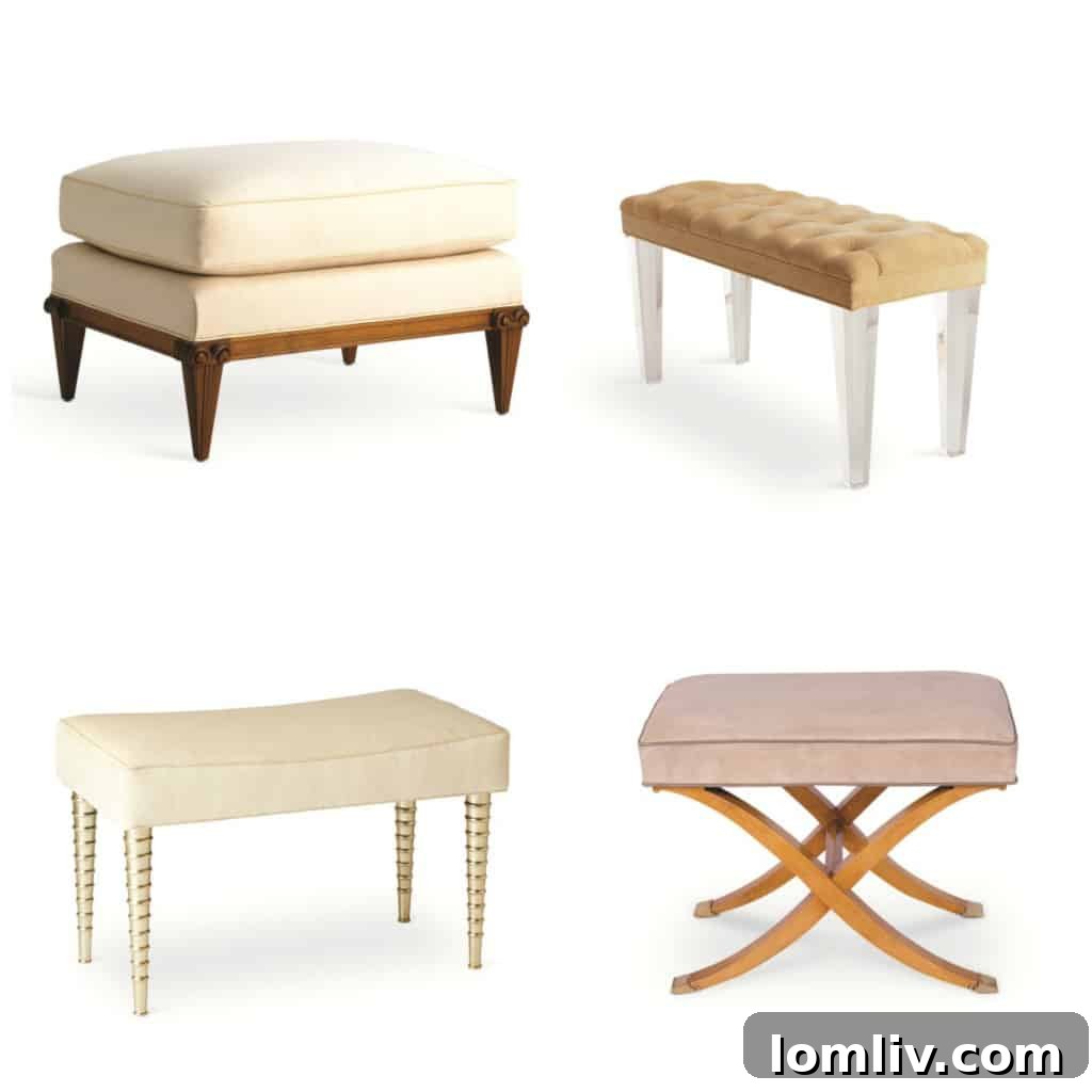 Benches and ottomans from the Jan Showers Collection: Carleton Ottoman, Mercer Bench, Jan's Bench, and Claudette Bench