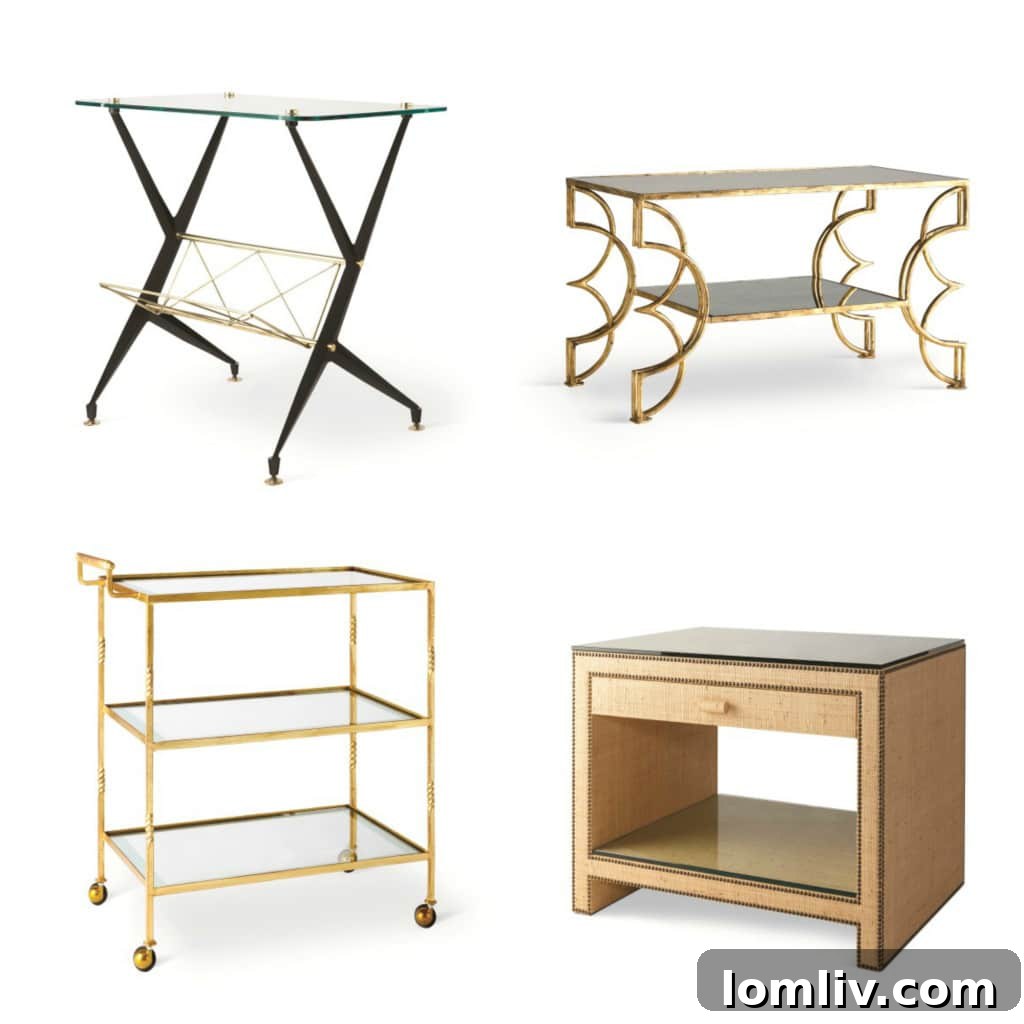 Tables from the Jan Showers Collection: Milan Magazine, Sabine Coffee, Leland Drinks Cart, and Manhattan Side Table