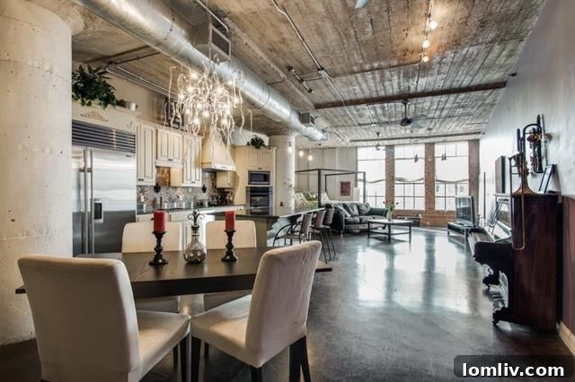 Spacious living area of the downtown Dallas loft with tall ceilings