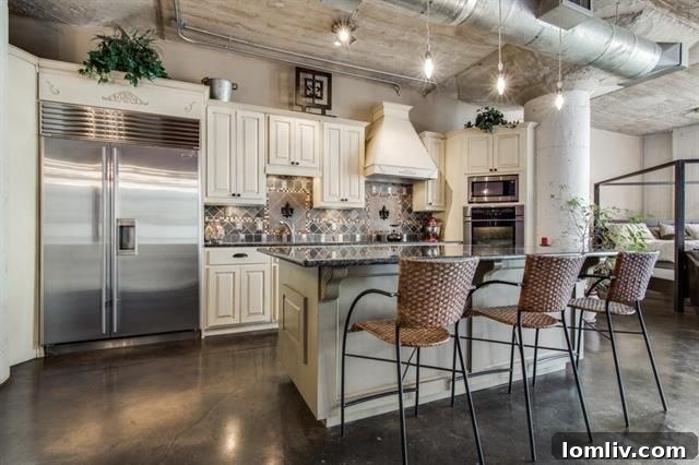Modern island kitchen with granite countertops and stainless steel appliances