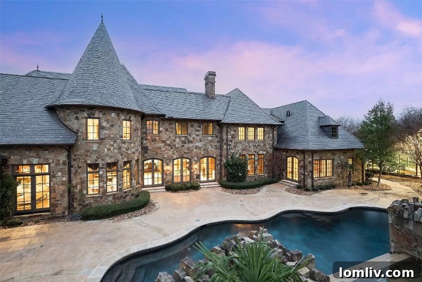 Preston Hollow mansion exterior at dusk