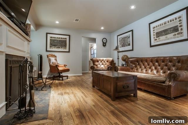 Living room with hardwood floors and stained glass window