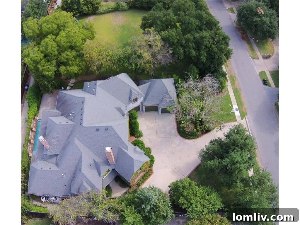 Aerial view of 6615 Meadow Road, highlighting its expansive grounds in Preston Hollow.