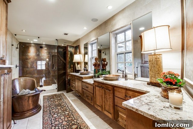 Stylish custom cabinetry offering ample storage in the luxurious master bathroom