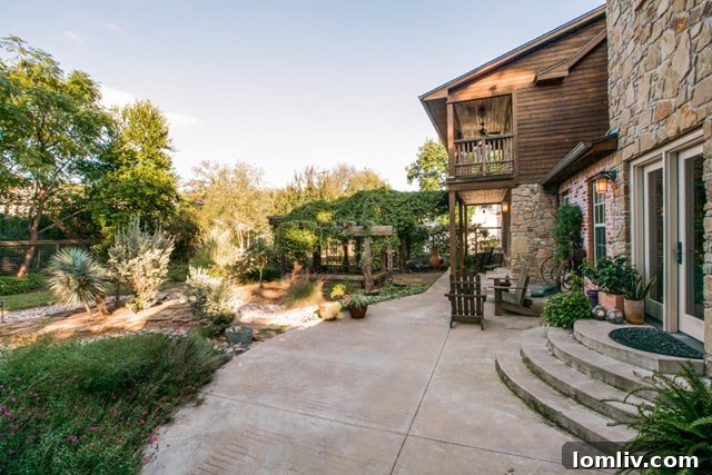 Serene view of the home's various balconies and patios overlooking the beautifully landscaped grounds