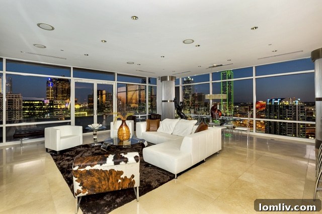 Dazzling Dallas skyline view from luxury living room at night