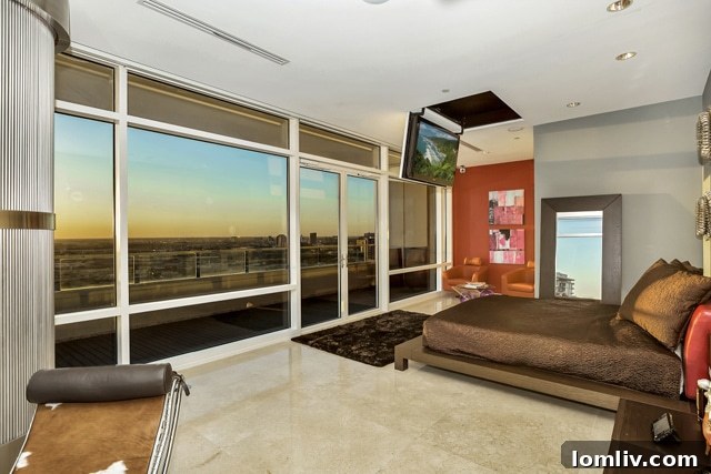 Master bedroom with panoramic Dallas city views and motorized TV