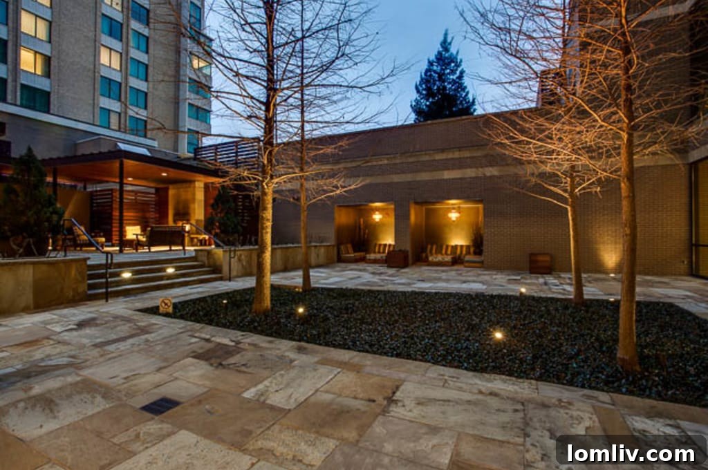 Lush landscaping and outdoor seating around The Highlands Residences