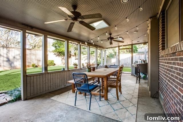 Expansive covered patio with skylight overlooking the yard
