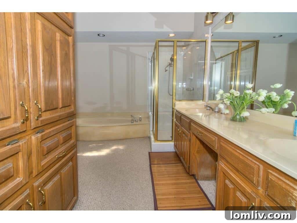 Outdated master bathroom at 18605 Crownover Court, featuring carpeted floor and tired cabinetry.
