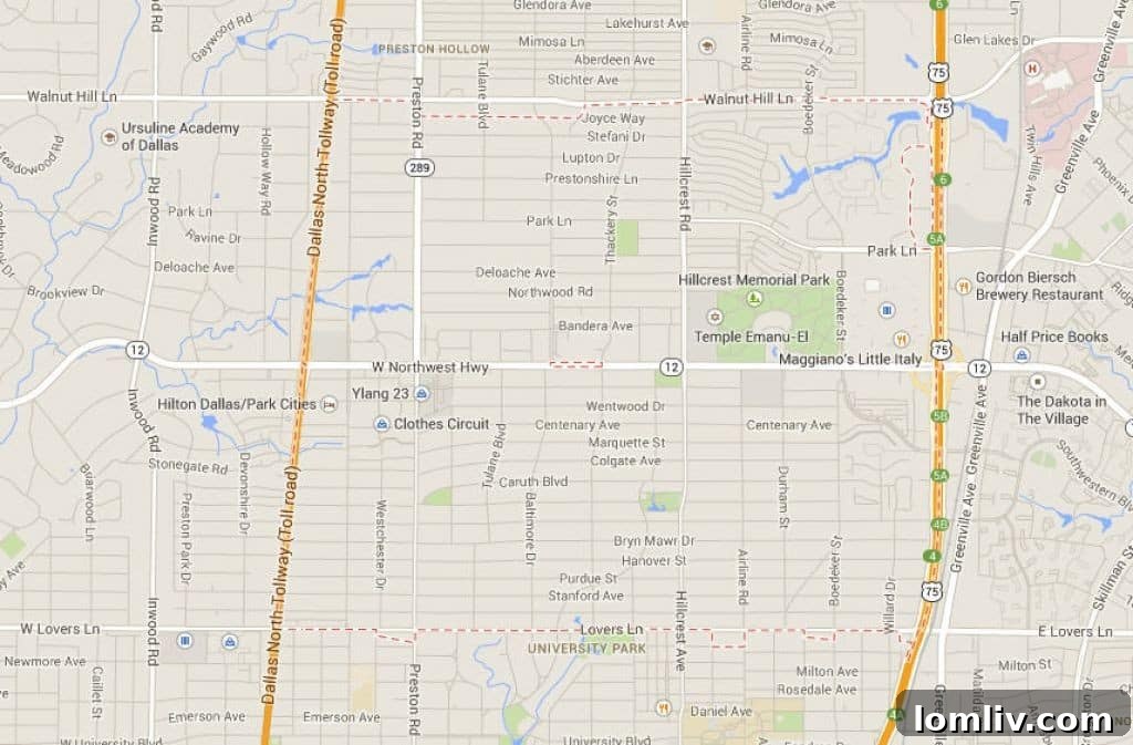Map of affluent Dallas neighborhoods around Preston Hollow Village