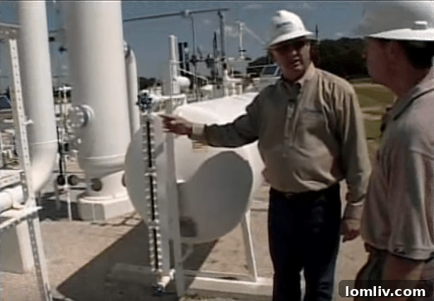 Atmos Energy workers showing a tank of natural gas odorant