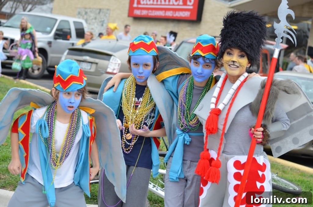 Winnetka Heights Neighborhood Association's award-winning Wizard of Oz float at the Oak Cliff Mardi Gras parade, featuring intricate costumes.