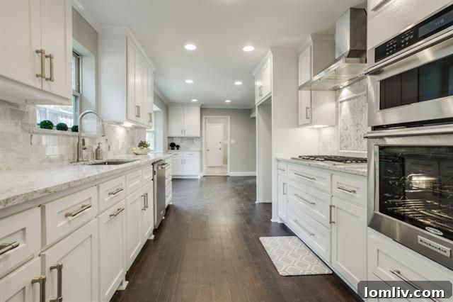 Contemporary kitchen with white cabinets, light granite countertops, and stainless steel appliances