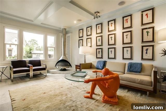 Stylish living room with an ultra-chic metal fireplace and unique ceiling in a Dallas ranch
