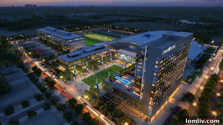 An aerial view of The Star in Frisco, showcasing the Dallas Cowboys practice facility and surrounding development.