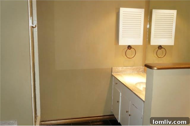 Dated master bathroom with single vanity and carpet before renovation