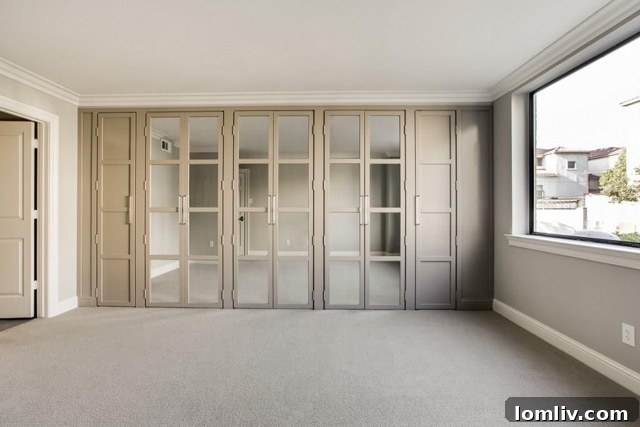 Master bedroom closet with mirrored doors and custom Elfa system closed