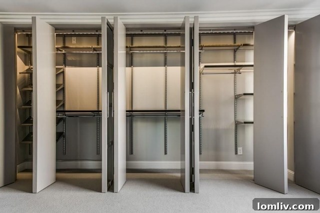 Customizable Elfa closet system with mirrored doors open in master bedroom