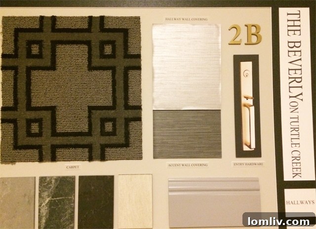 Rendering of modern transitional grey palette for upcoming hallway renovations at The Beverly