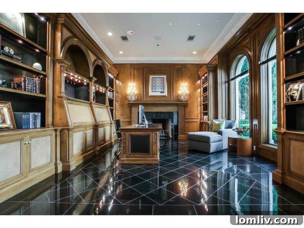 Sophisticated home office with custom woodwork and fireplace