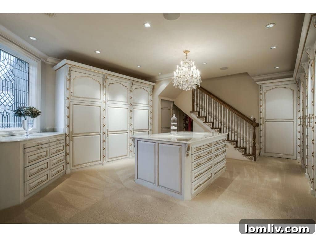 Luxurious two-story master closet with custom shelving and brass accents