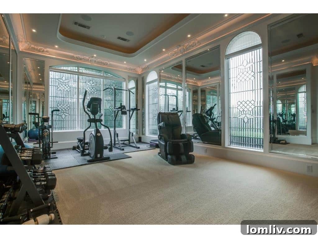 Elegant home gym with floor-to-ceiling mirrors and leaded glass windows