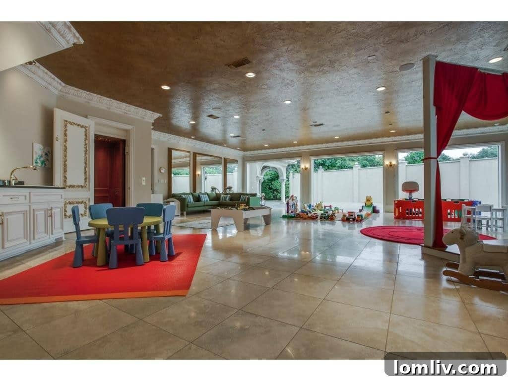 Vibrant children's playroom converted from a 7-car garage