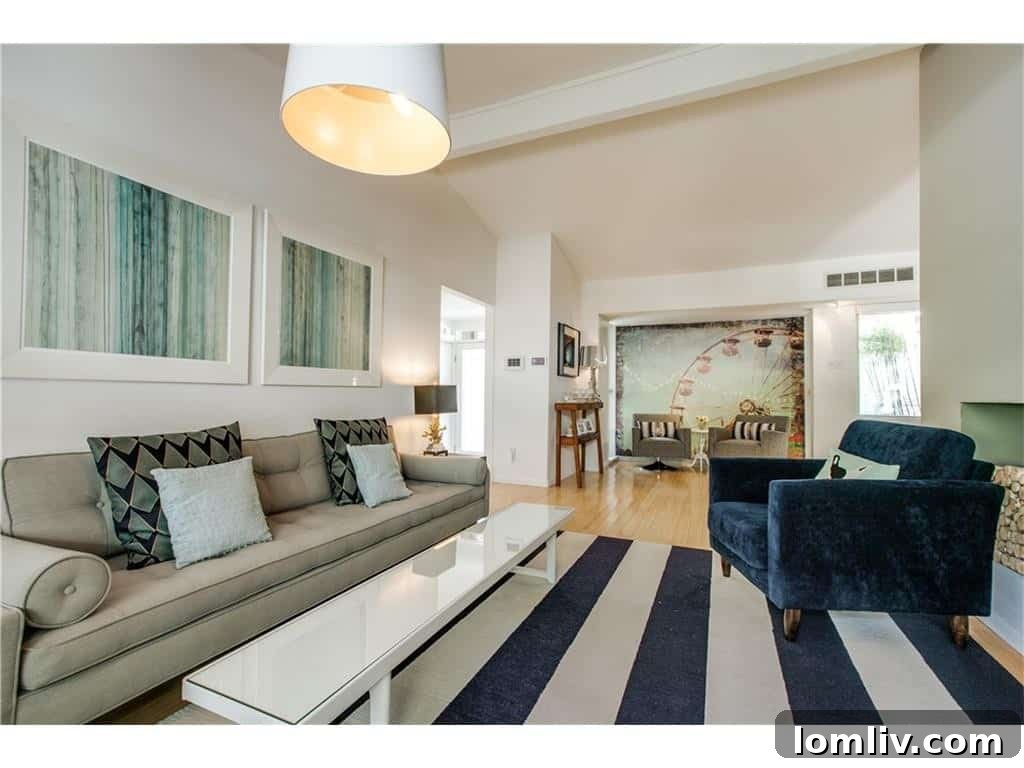Open-Concept Living Room with Vaulted Ceilings and Bamboo Floors