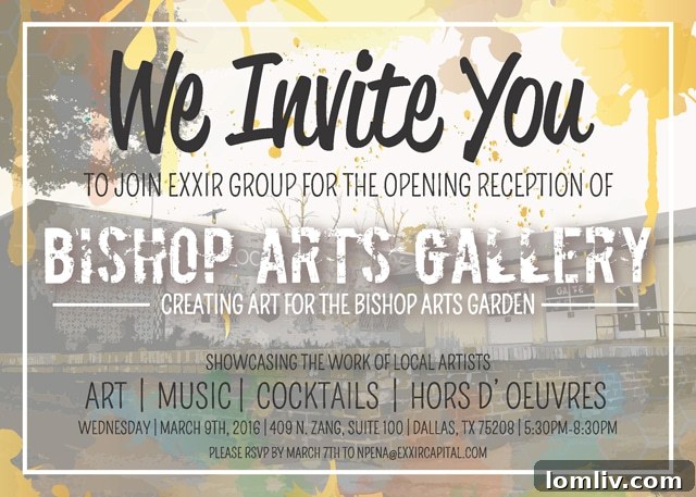 Official invitation for the Bishop Arts Pop-Up Gallery event by Exxir Capital, detailing artists and local vendors