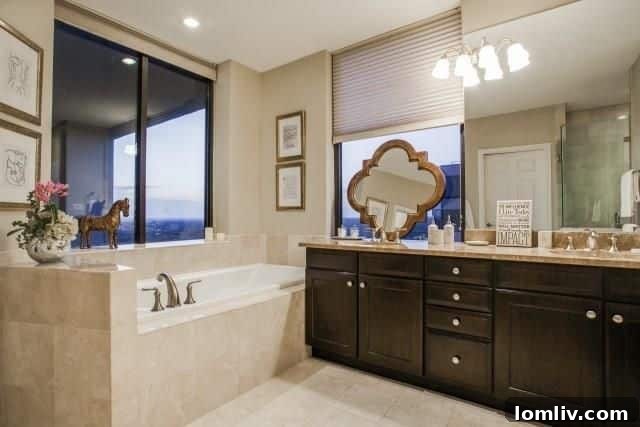 Spa-like master bathroom with a deep soaker tub and a modern frameless glass shower.